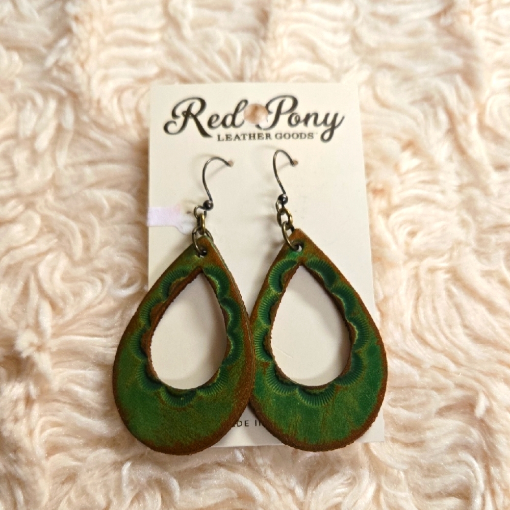 Red Pony Green and Brown Leather Earrings